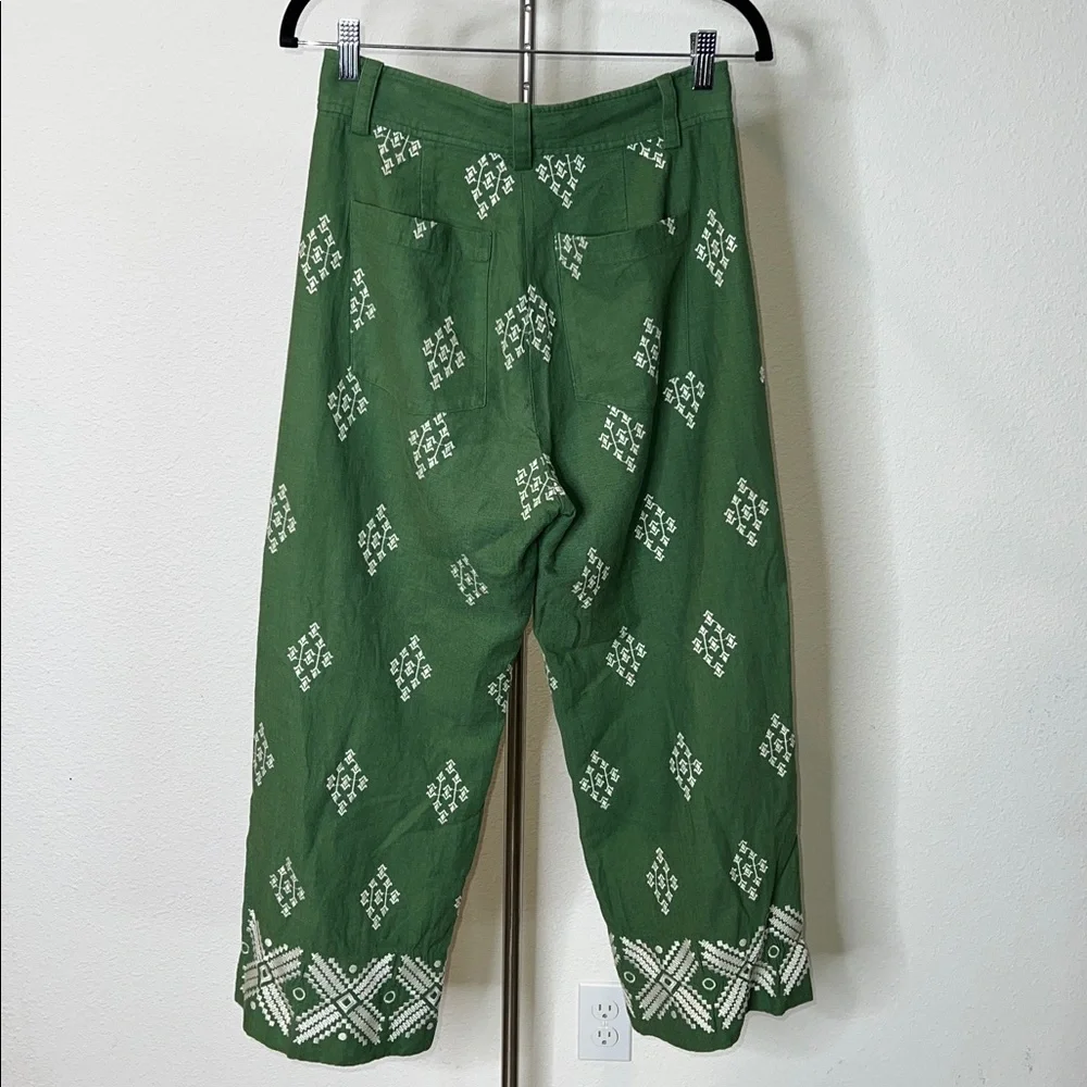 Zara Linen Blend High Waist Wide Leg Embroidered Culotte Pants